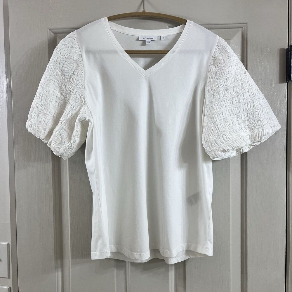 Chico's Women's White Smocked Puff Sleeve V Neck Blouse Sz 1 (med) Stretch NWOT